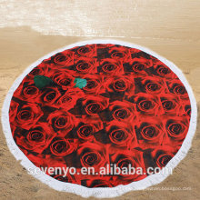 100% Cotton 3D Red Rose Printing Round Beach towel Tassels Blanket BT-380 China Factory